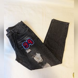 Men's jeans fashion embroidery print dark gray size 36.